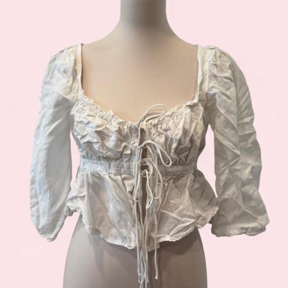 H&M Brock Collection White Lace-Up Corset Top | Puff Sleeves | Size S